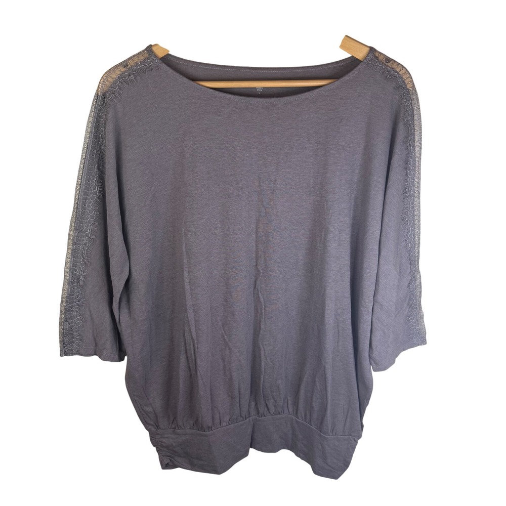 Garnet Hill Gray Lace Sleeve Dolman Top‎ Womens Size LG Organic Cotton Blend